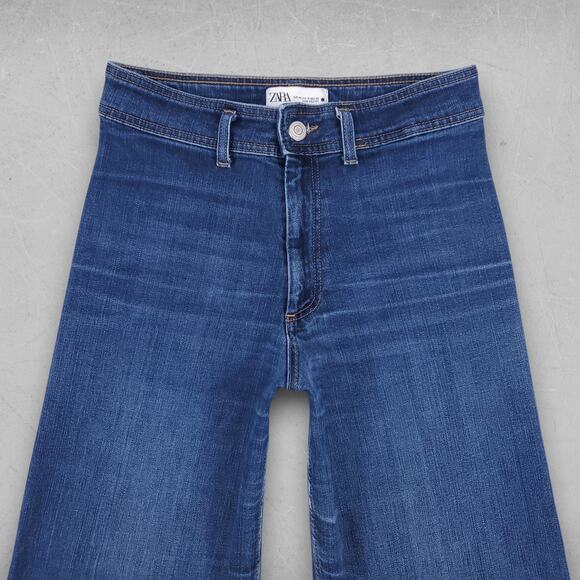 Zara Jeans Women 10 Medium Blue Wide Leg Frayed Hem Retro 70s Casual Skater - Picture 3 of 11